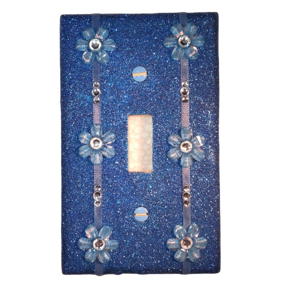 Hand Decorated Blue 3D Flowers Silver Single Toggle Switch Wallplate Cover